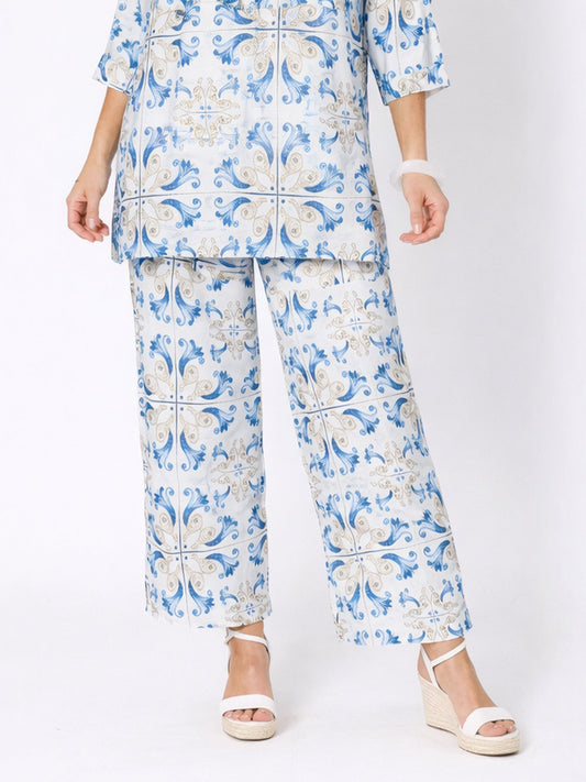 Image of a model wearing Pants. Product name - Portofino Print Wide Leg Pant Cornflower Multi in Cornflower Multi colour by brand - Hammock & Vine