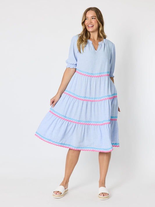 Image of Dresses. Product name - Canopy Ric Rac Dress Pale Blue in Pale Blue colour by brand - Threadz