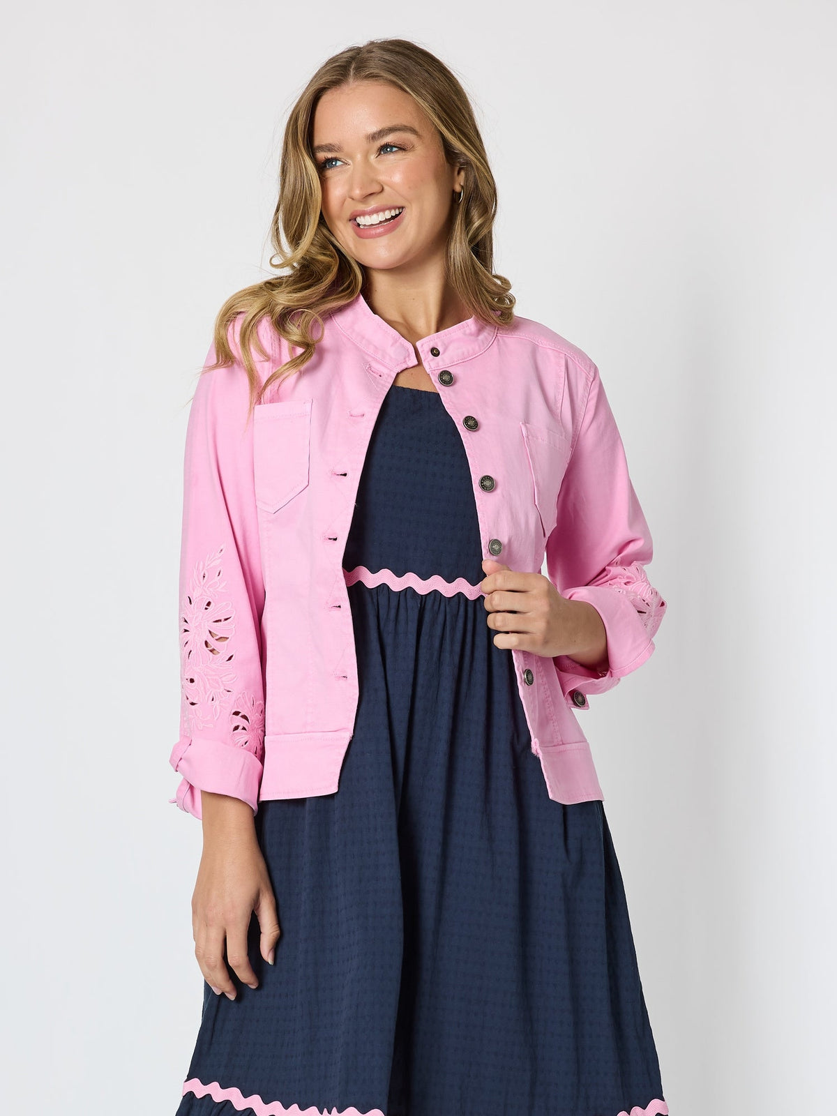Image of Coats & Jackets. Product name - Gisele Embroidered Denim Jacket Lipstick in Lipstick colour by brand - Threadz