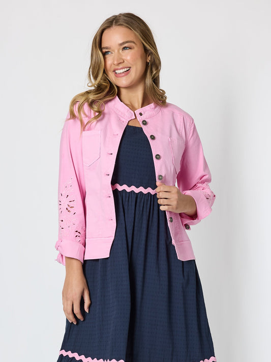 Image of Coats & Jackets. Product name - Gisele Embroidered Denim Jacket Lipstick in Lipstick colour by brand - Threadz