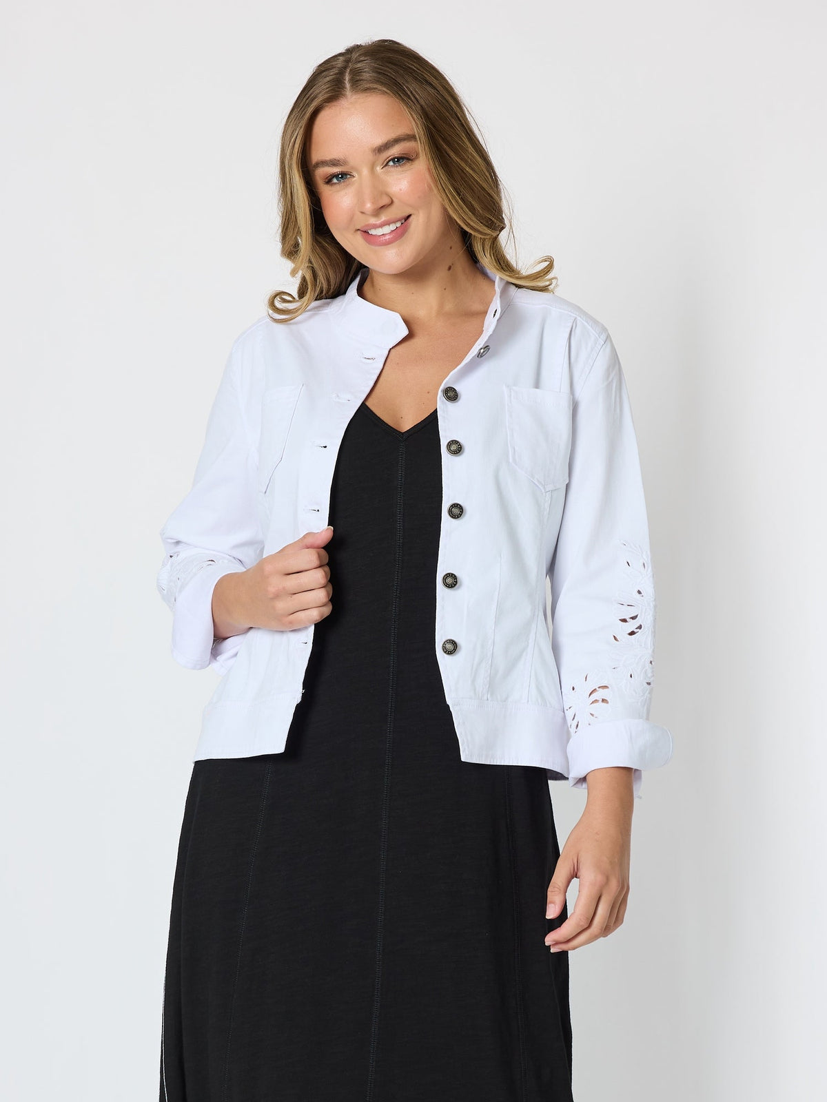 Image of Coats & Jackets. Product name - Gisele Embroidered Denim Jacket White in White colour by brand - Threadz