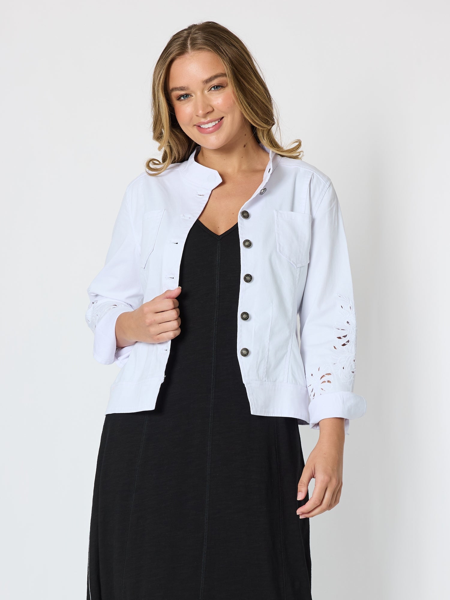 Image of Coats & Jackets. Product name - Gisele Embroidered Denim Jacket White in White colour by brand - Threadz