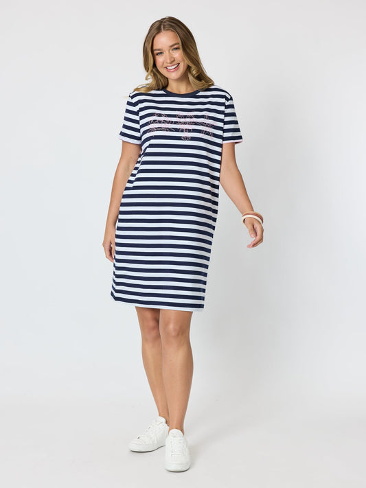 Image of Dresses. Product name - Cruz Stripe Print T-shirt Dress Navy/White in Navy/White colour by brand - Threadz