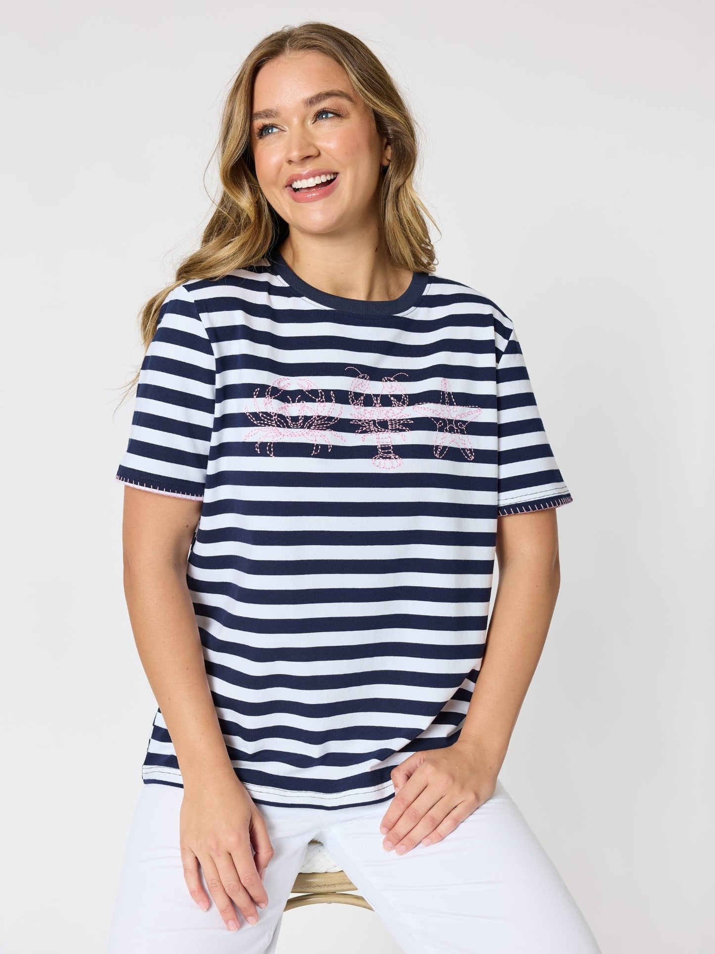 Image of T-Shirts. Product name - Cruz Stripe Print Tee Navy/White in Navy/White colour by brand - Threadz