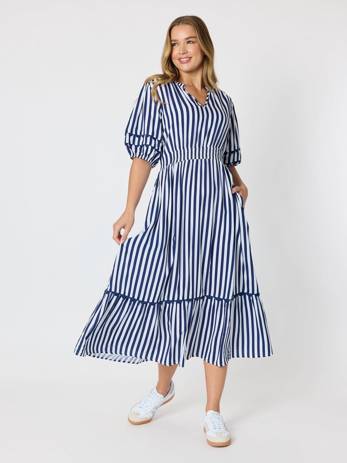 Image of Dresses. Product name - Montecito Stripe Print Dress Navy/White in Navy/White colour by brand - Threadz