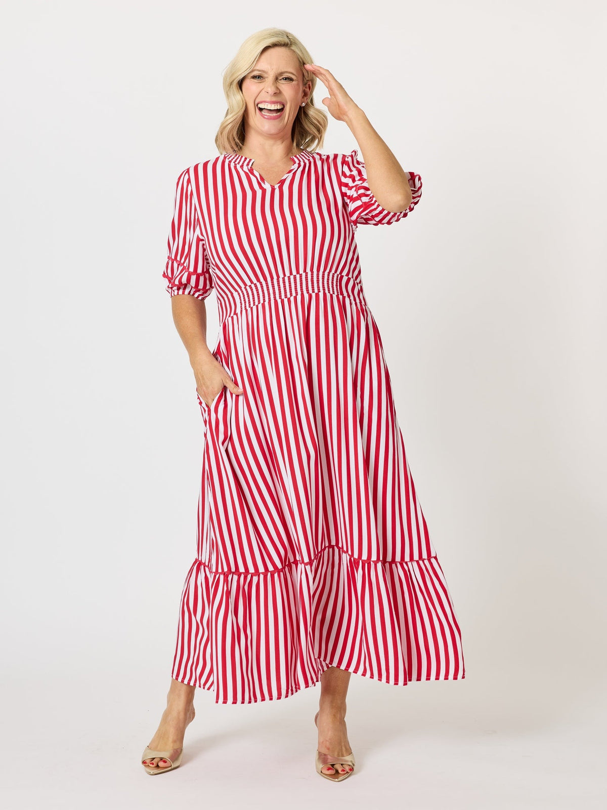 Image of Dresses. Product name - Montecito Stripe Print Dress Red White in Red White colour by brand - Threadz