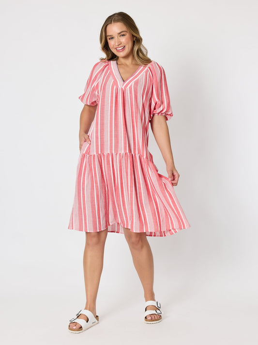 Image of Dresses. Product name - Seaport Stripe Print Dress Red White in Red White colour by brand - Threadz