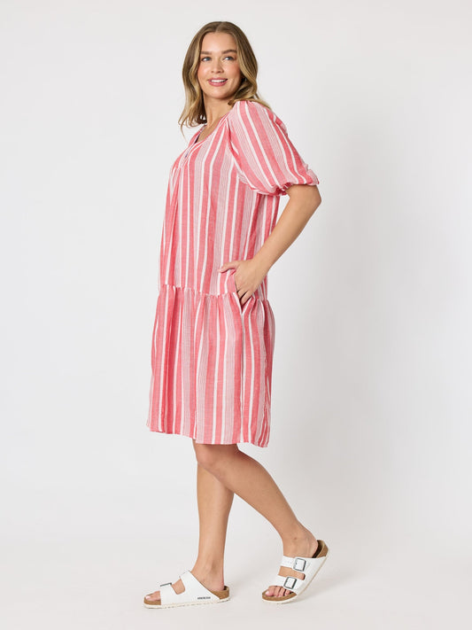 Threadz Seaport Stripe Print Dress (Red White)