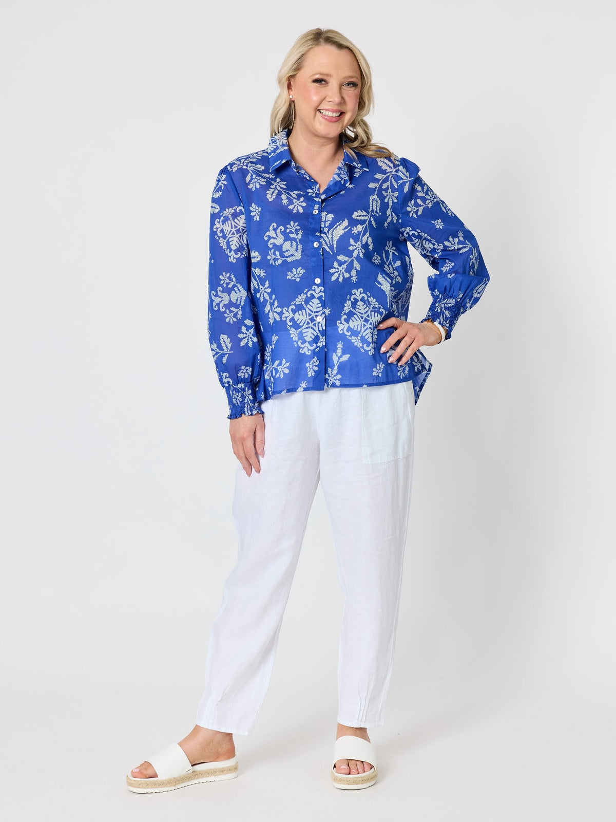 Gordon Smith Azure Garden Print Sheer Shirt (Azure White)