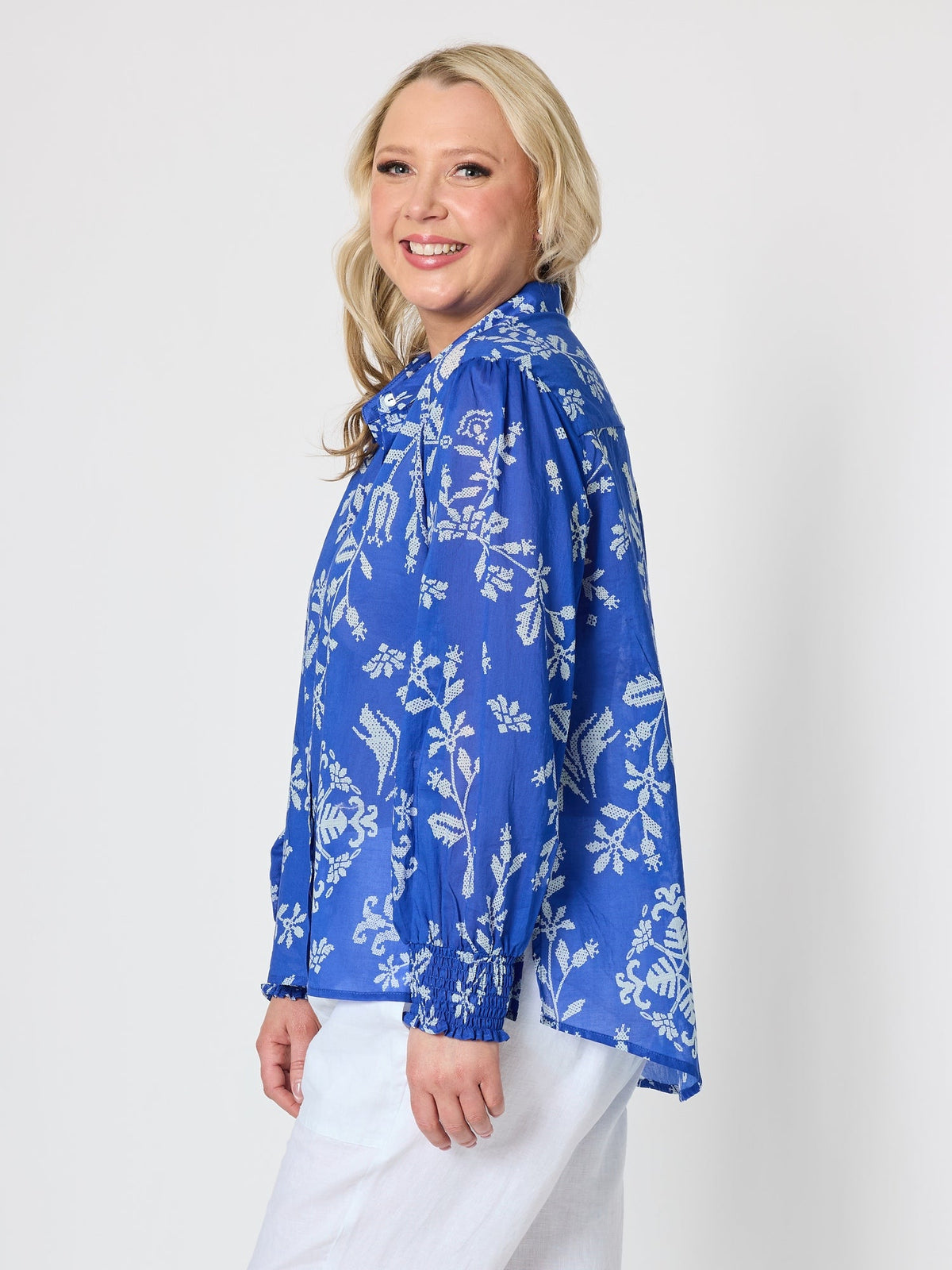 Gordon Smith Azure Garden Print Sheer Shirt (Azure White)