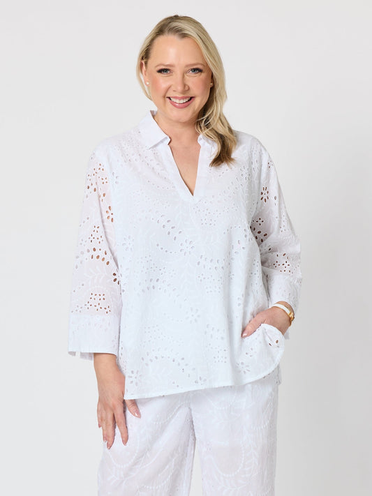 Image of a model wearing Tops. Product name - Belle Broderie Top White in White colour by brand - Gordon Smith
