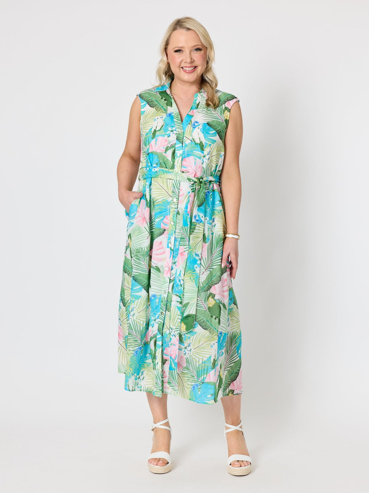 Image of Dresses. Product name - Tropicana Floral Print Dress Seafoam Multi in Seafoam Multi colour by brand - Gordon Smith