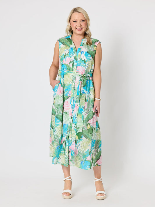 Image of Dresses. Product name - Tropicana Floral Print Dress Seafoam Multi in Seafoam Multi colour by brand - Gordon Smith