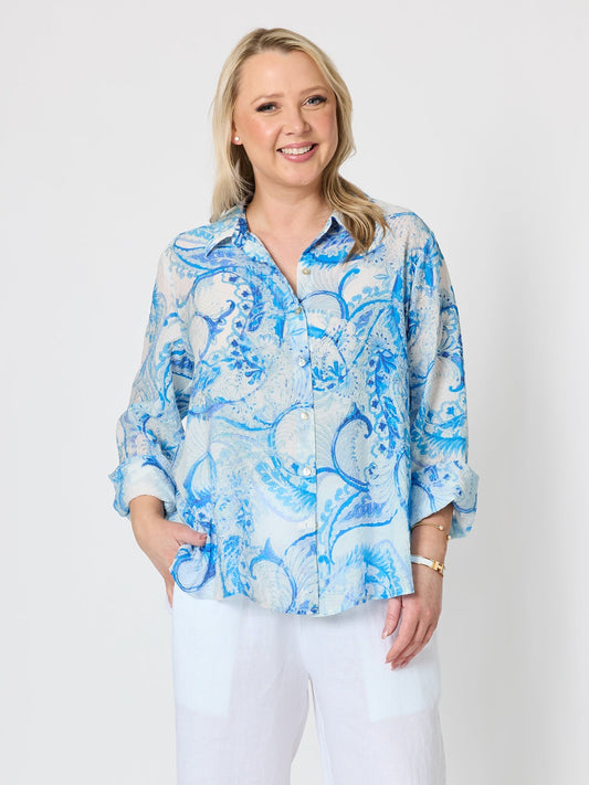 Image of Shirts. Product name - Amalfi Paisley Print Sheer Shirt Cornflower Multi in Cornflower Multi colour by brand - Gordon Smith