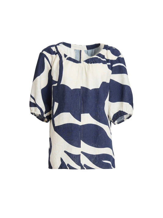 Clarity Bay Leaf Print V Neck Top (Navy Multi)