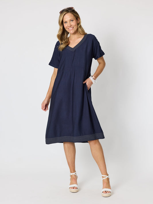 Image of Dresses. Product name - Del Mar Stitch Detail Dress Navy in Navy colour by brand - Clarity
