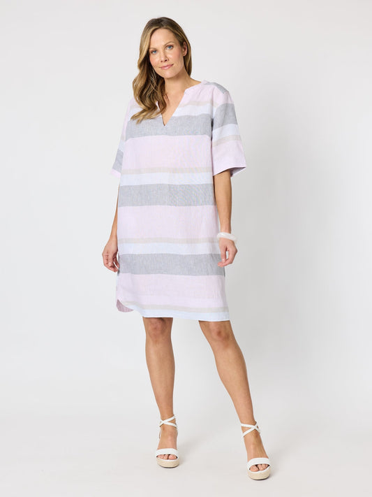 Image of Dresses. Product name - Paros Stripe Print Linen Dress Pink Silver in Pink Silver colour by brand - Hammock & Vine