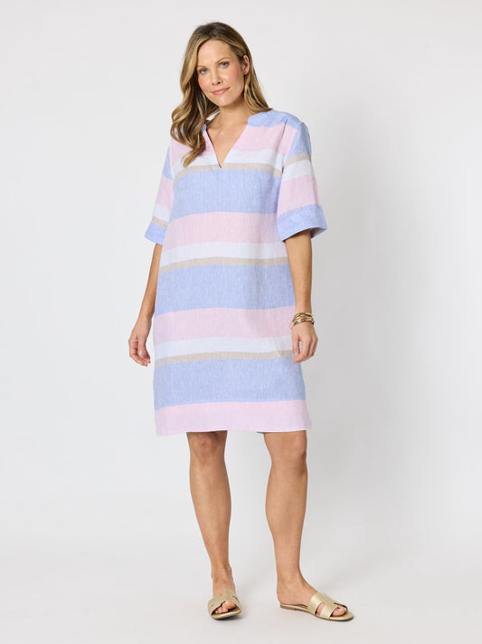 Image of Dresses. Product name - Paros Stripe Print Linen Dress Sky Multi in Sky Multi colour by brand - Hammock & Vine
