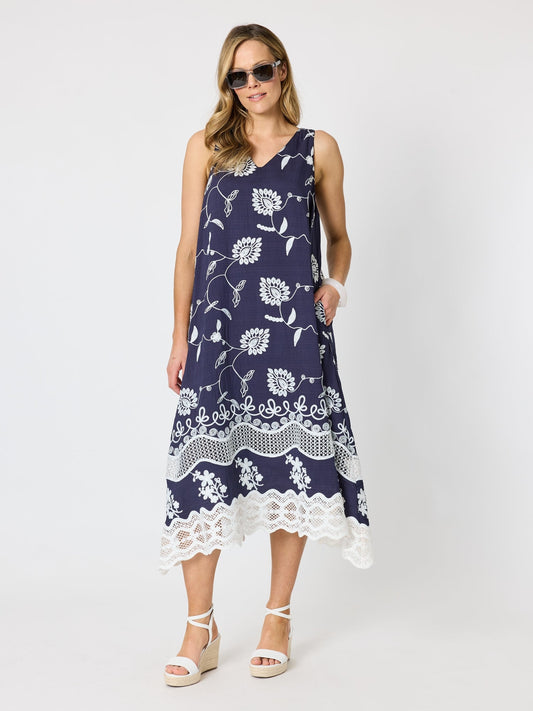 Image of Dresses. Product name - Aegean Coast Lace Dress Navy/White in Navy/White colour by brand - Hammock & Vine