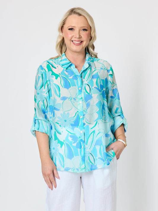 Image of Shirts. Product name - Island Bloom Floral Print Sheer Shirt Seafoam Multi in Seafoam Multi colour by brand - Gordon Smith