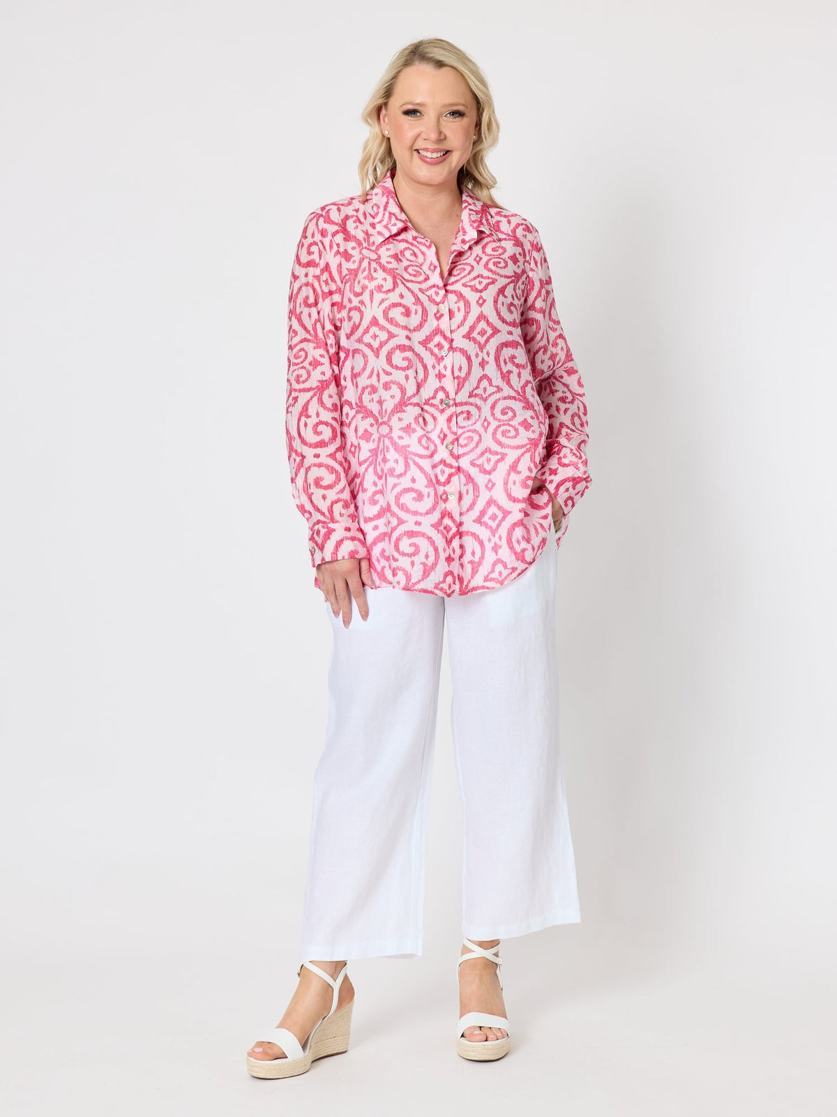 Gordon Smith Provence Print Sheer Shirt (Raspberry White)