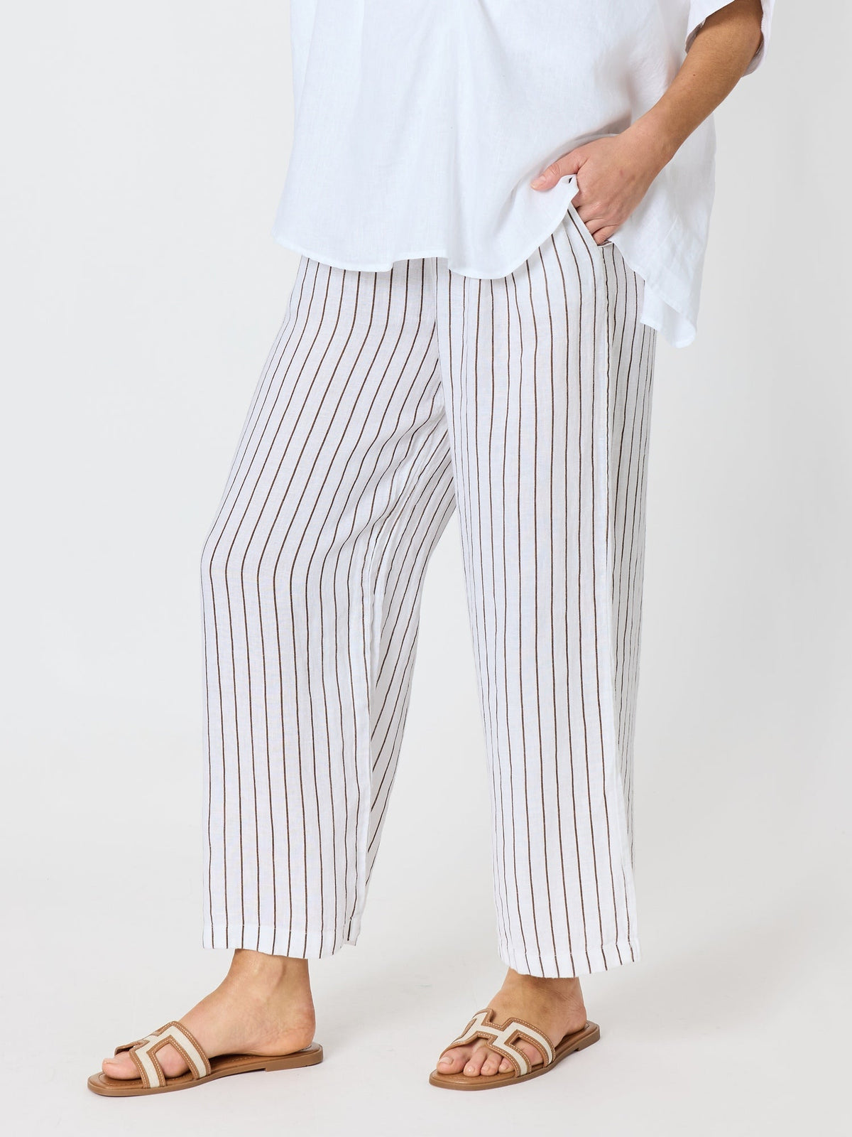 Hammock & Vine Haven Stripe Wide Leg Linen Pant (Mocha White)