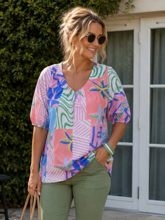 Image of a model wearing Tops. Product name - Urban Jungle Print Top Musk Multi in Musk Multi colour by brand - Threadz