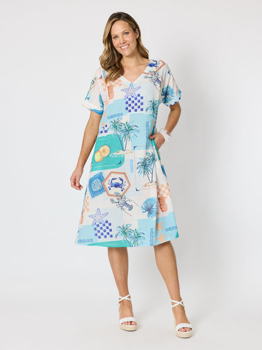 Image of Dresses. Product name - Caribbean Coast Print Dress Aqua Multi in Aqua Multi colour by brand - Clarity