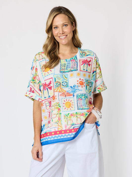 Image of a model wearing Tops. Product name - Costa Rica Print Top Aqua Multi in Aqua Multi colour by brand - Clarity