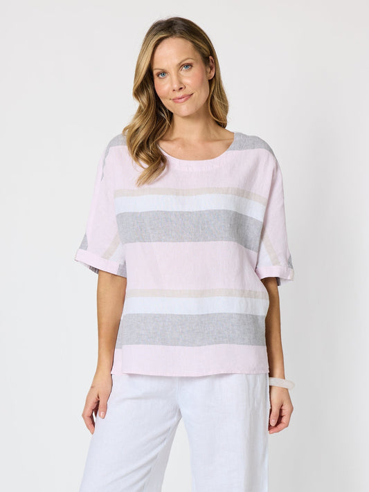 Image of a model wearing Tops. Product name - Paros Stripe Print Linen Top Pink Silver in Pink Silver colour by brand - Hammock & Vine