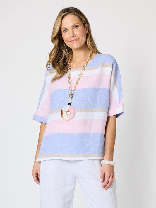 Image of a model wearing Tops. Product name - Paros Stripe Print Linen Top Sky Multi in Sky Multi colour by brand - Hammock & Vine