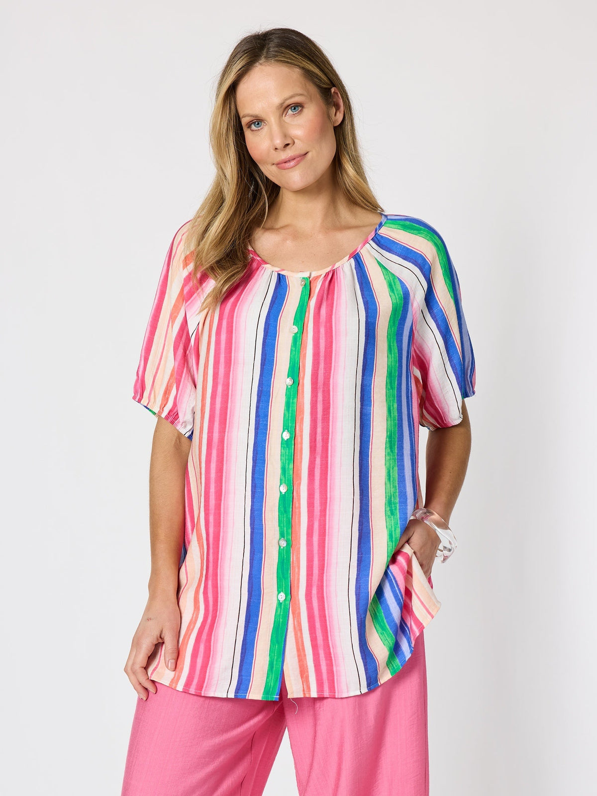 Image of a model wearing Tops. Product name - Jewel Stripe Top Candy Multi in Candy Multi colour by brand - Clarity