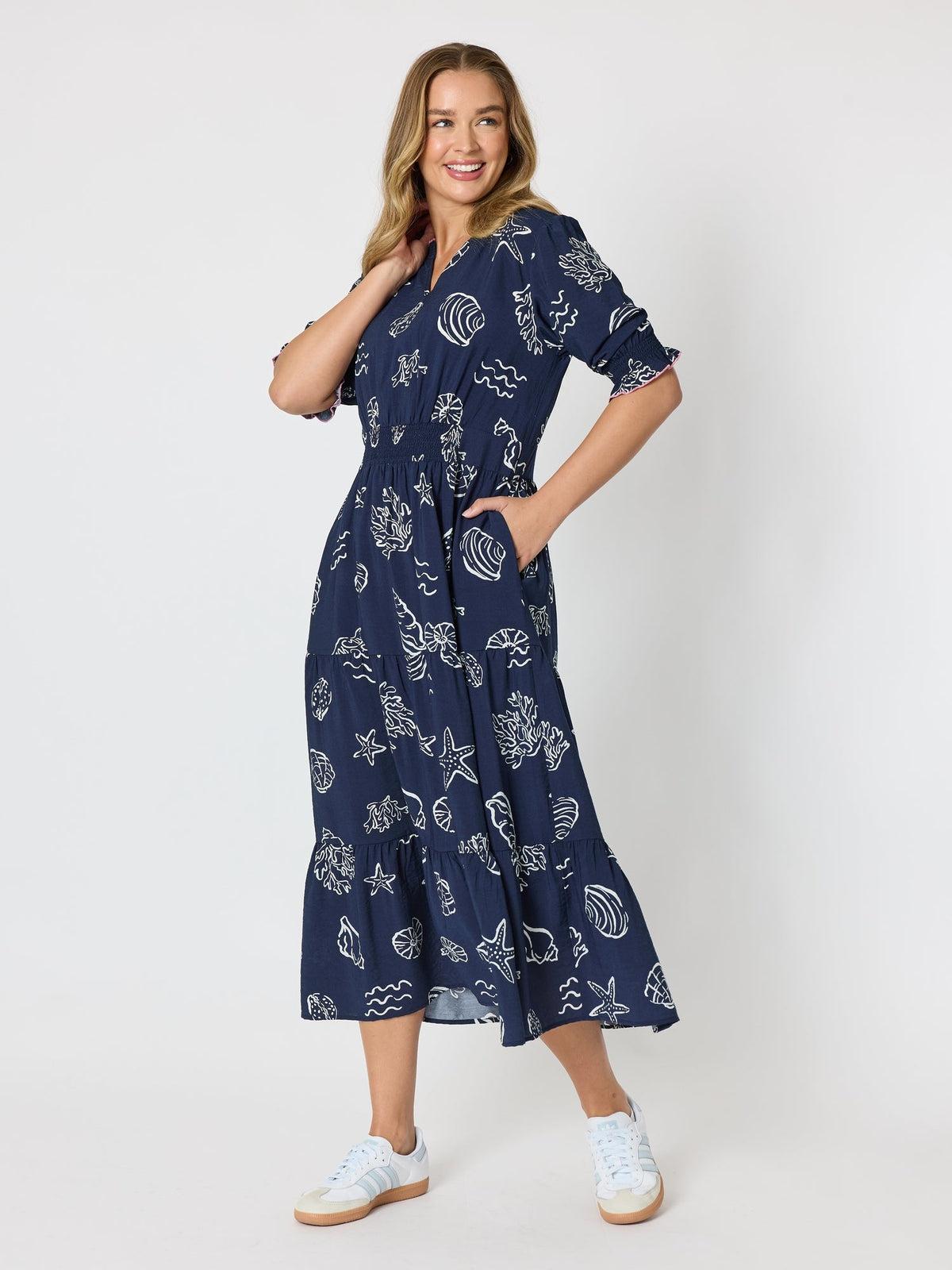 Image of Dresses. Product name - Montecito Print Dress Navy/White in Navy/White colour by brand - Threadz