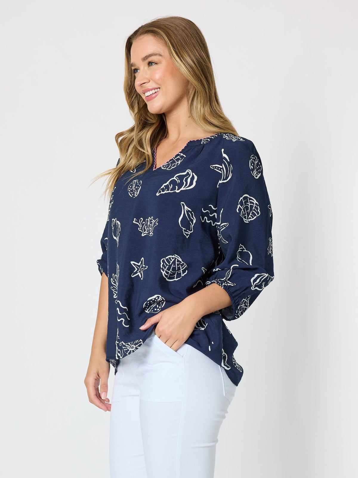 Threadz Montecito Print Top (Navy/White)
