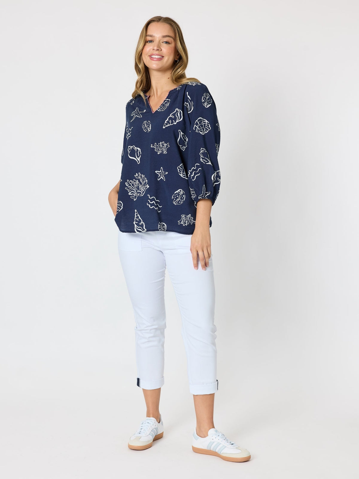 Threadz Montecito Print Top (Navy/White)