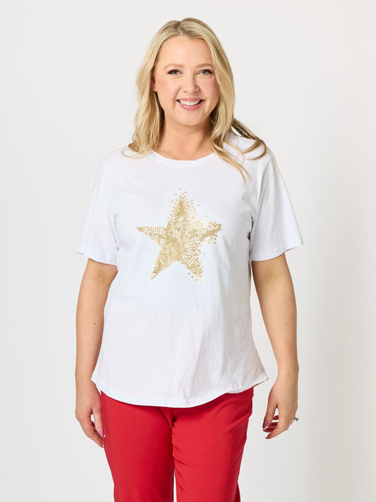 Image of T-Shirts. Product name - Shimmer Sequin Star Cotton Tee White/Gold in White/Gold colour by brand - Threadz