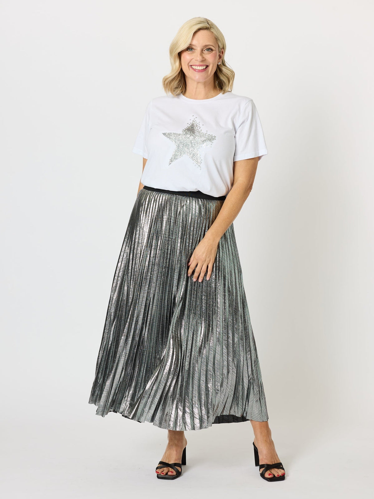 Threadz Shimmer Sequin Star Cotton Tee (White/Silver)