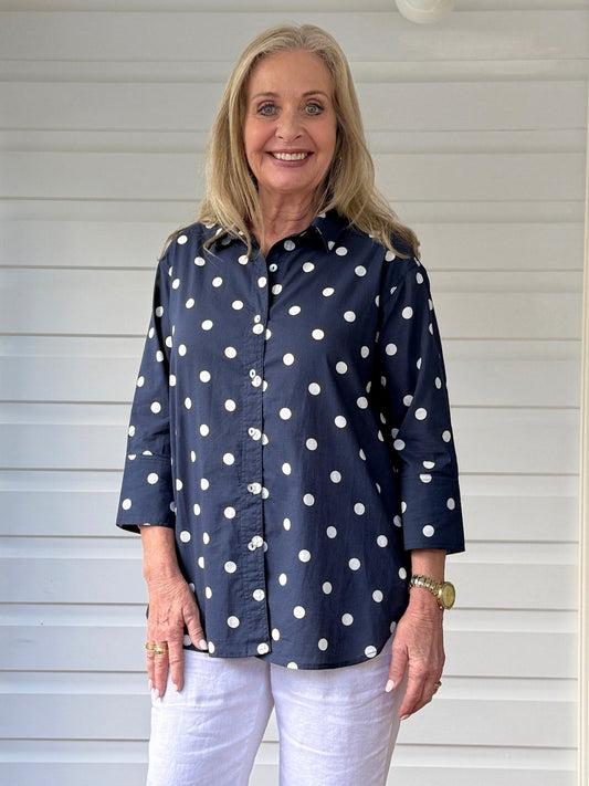 Image of Shirts. Product name - Riviera Cotton Spot Shirt Navy/White in Navy/White colour by brand - Gordon Smith