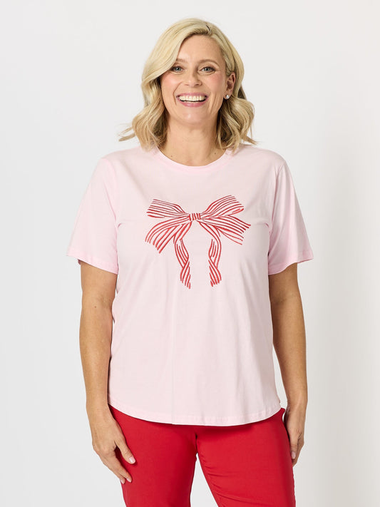 Image of T-Shirts. Product name - Festive Embroidered Bow Cotton Tee Pink in Pink colour by brand - Threadz