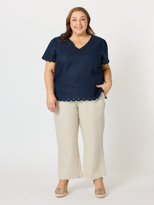 Gordon Smith Lilly Scallop Hem Linen Top (Navy)