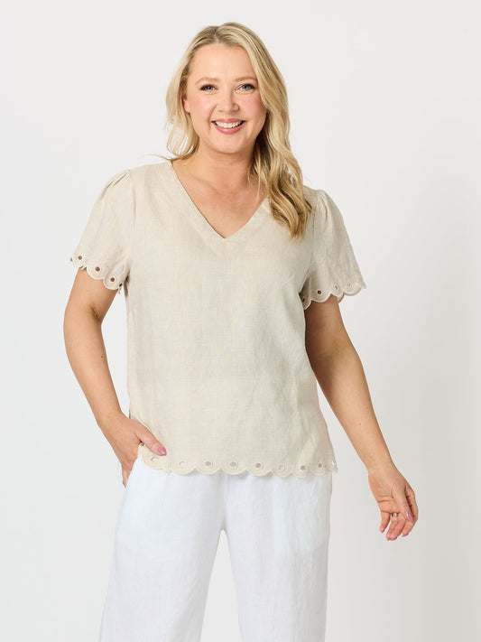 Image of a model wearing Tops. Product name - Lilly Scallop Hem Linen Top Natural in Natural colour by brand - Gordon Smith