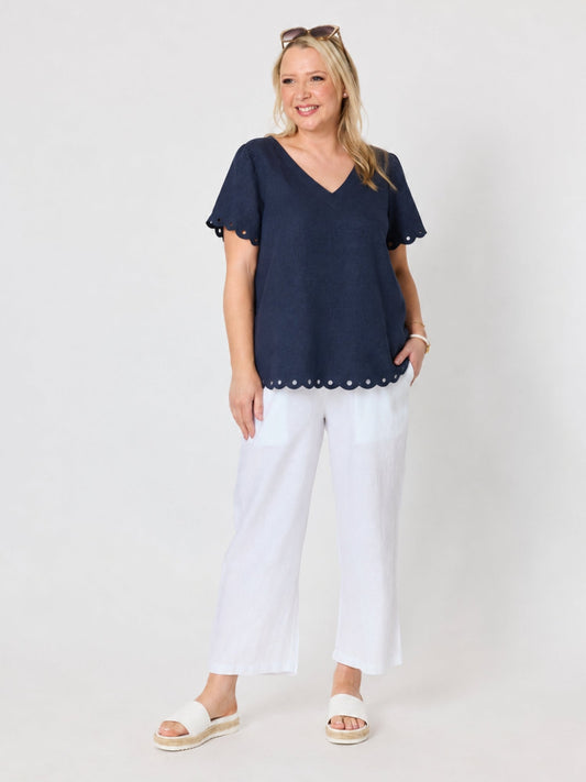 Gordon Smith Lilly Scallop Hem Linen Top (Navy)