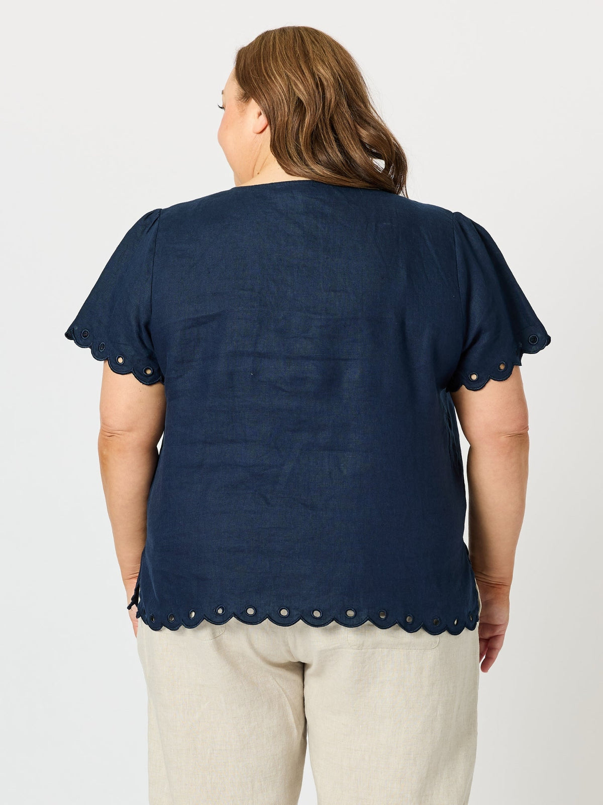 Gordon Smith Lilly Scallop Hem Linen Top (Navy)
