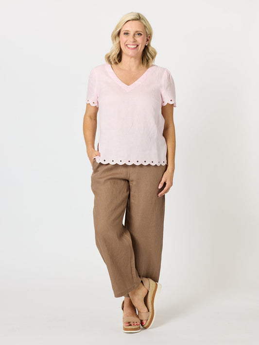 Gordon Smith Lilly Scallop Hem Linen Top (Pale Pink)