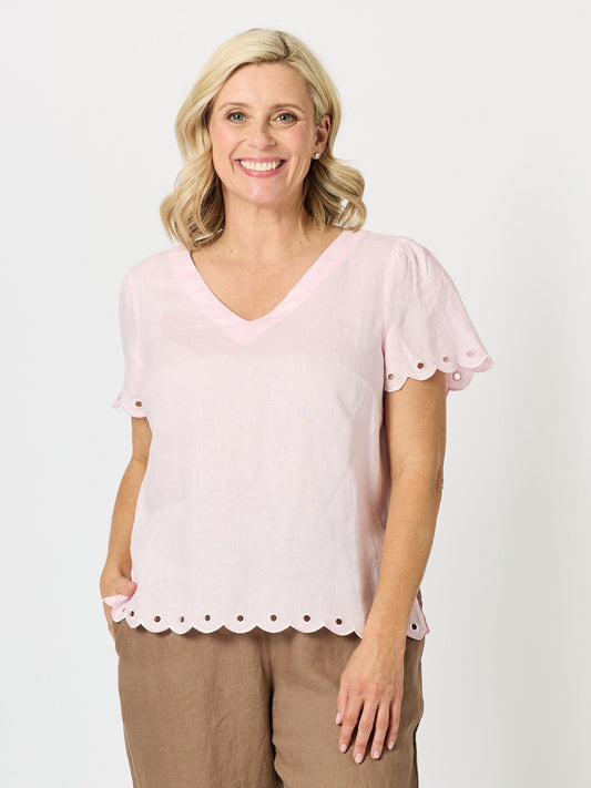 Image of a model wearing Tops. Product name - Lilly Scallop Hem Linen Top Pale Pink in Pale Pink colour by brand - Gordon Smith