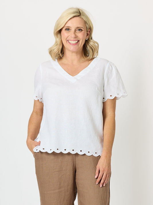 Image of a model wearing Tops. Product name - Lilly Scallop Hem Linen Top White in White colour by brand - Gordon Smith
