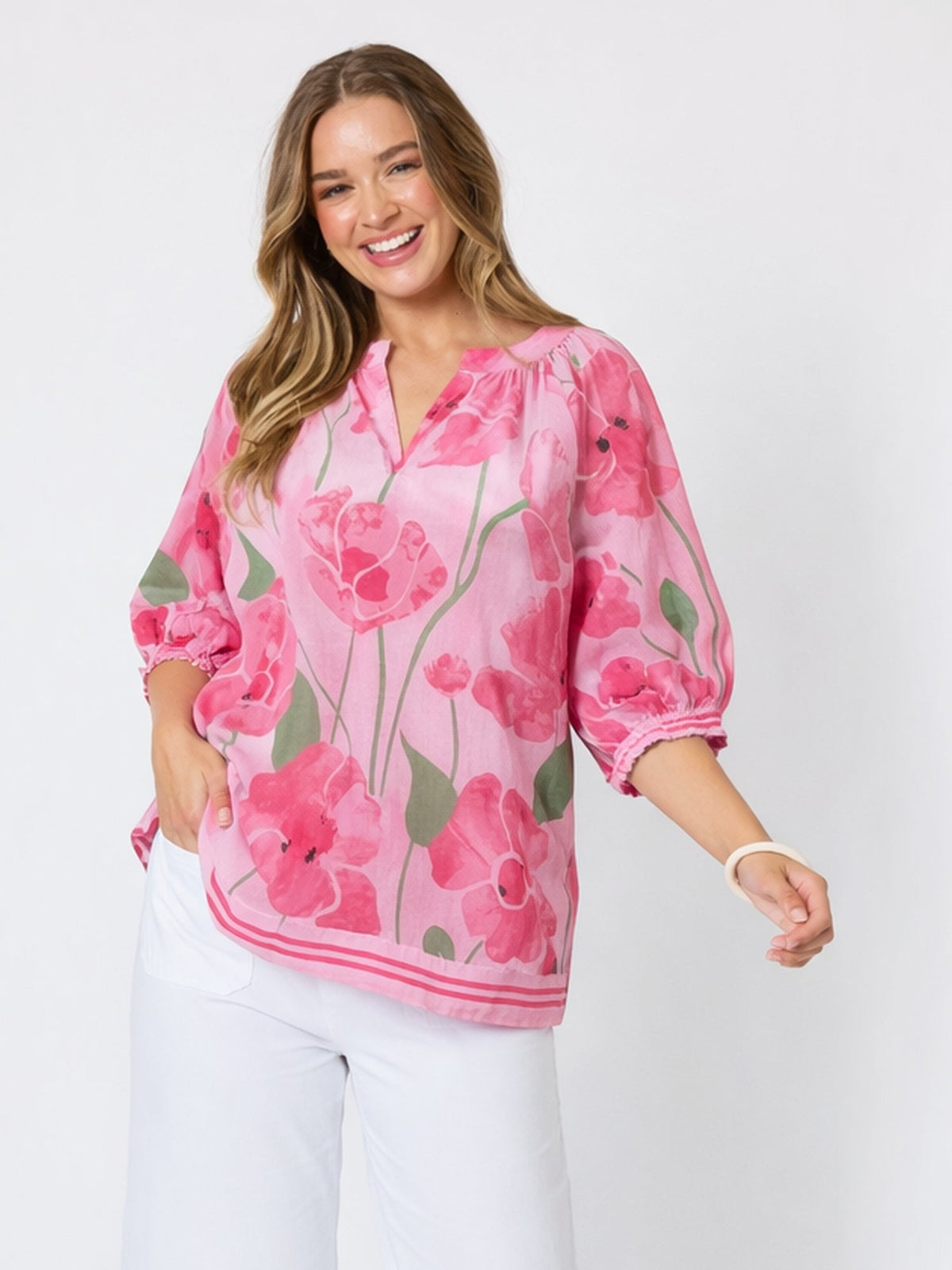 Image of a model wearing Tops. Product name - Candy Garden Floral Print Top Pink/Multi in Pink/Multi colour by brand - Threadz