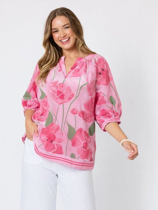 Image of a model wearing Tops. Product name - Candy Garden Floral Print Top Pink/Multi in Pink/Multi colour by brand - Threadz