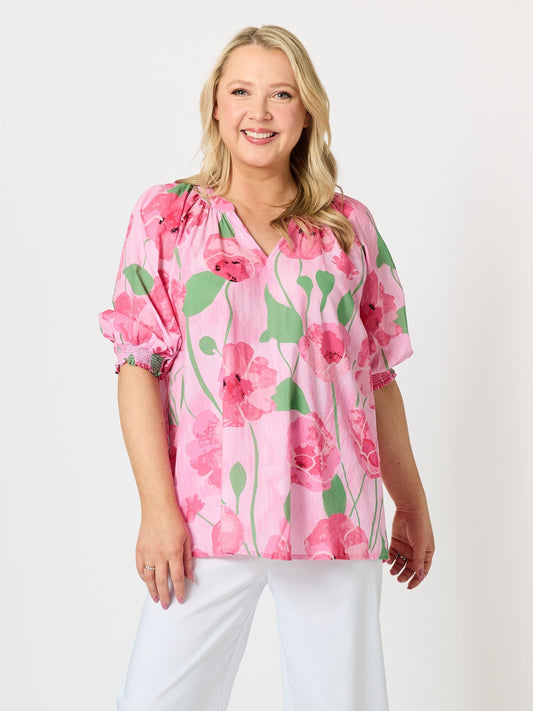 Image of a model wearing Tops. Product name - Candy Garden Floral Print Top Pink/Multi in Pink/Multi colour by brand - Threadz