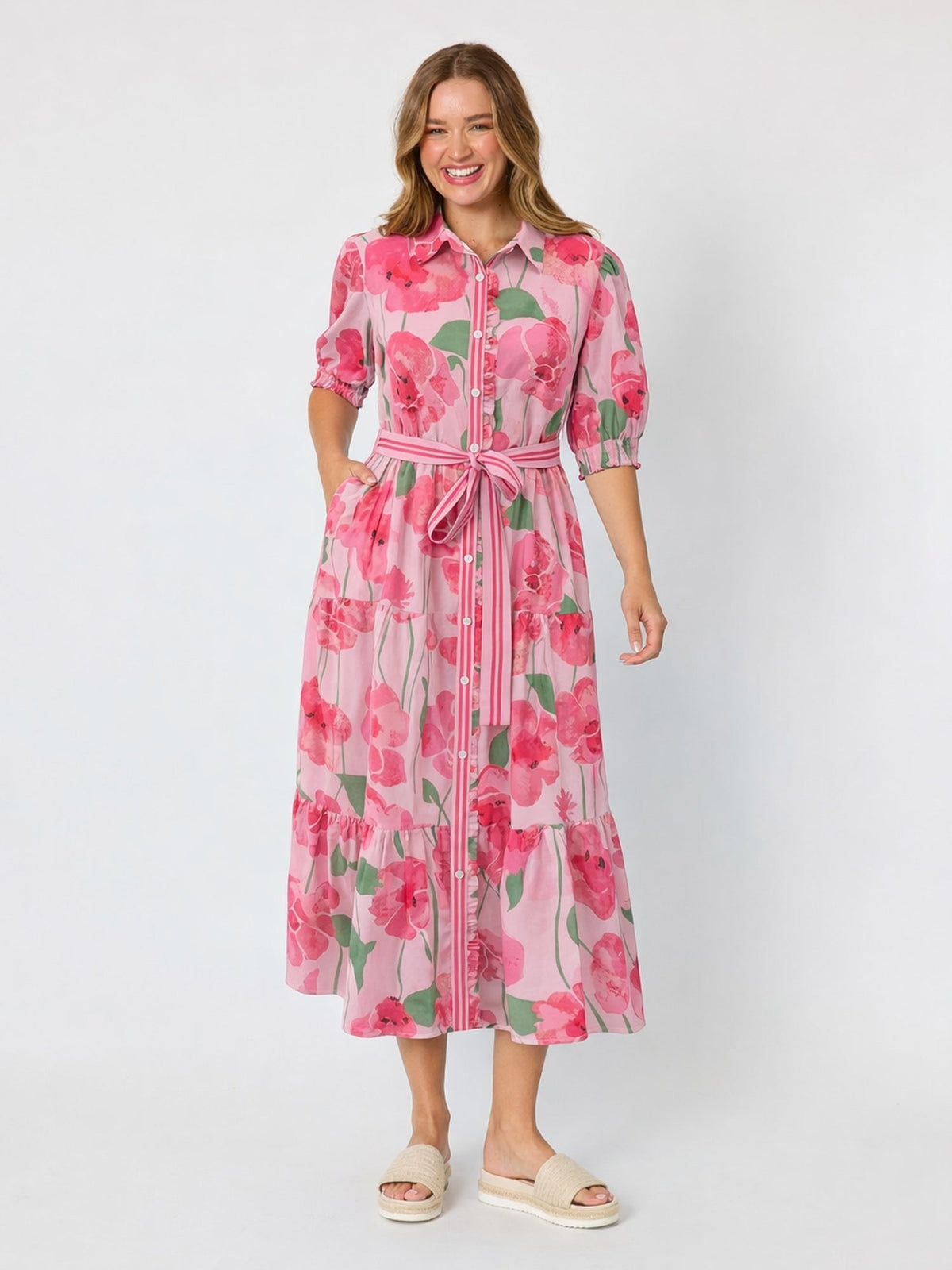Image of Dresses. Product name - Candy Garden Floral Print Shirt Dress Pink/Multi in Pink/Multi colour by brand - Threadz